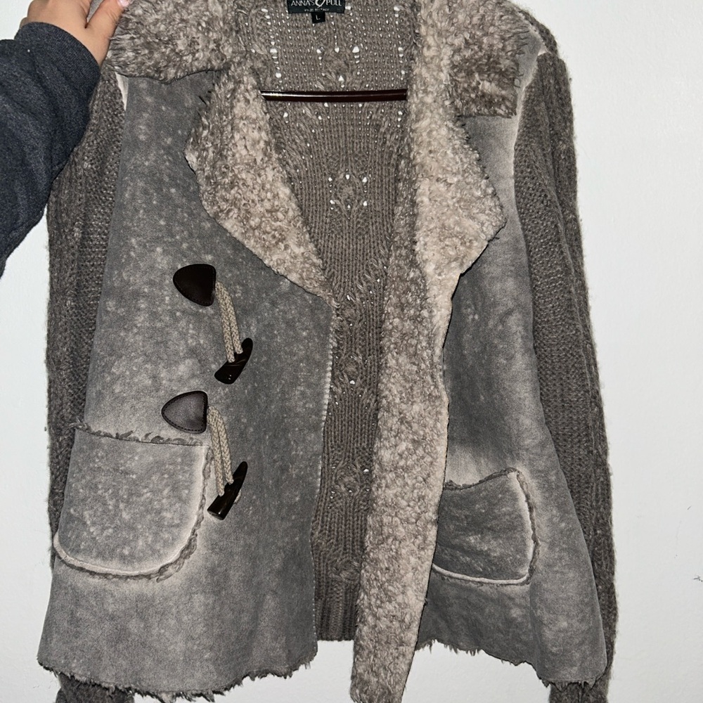 Gray Shearling Toggle & Knit Jacket - image 2